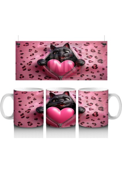 Leopar Desenli Zeminde Kalpli Yastığa Sarılan Siyah Kedi - Baskılı Kahve Kupası