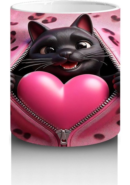 Leopar Desenli Zeminde Kalpli Yastığa Sarılan Siyah Kedi - Baskılı Kahve Kupası modelleri