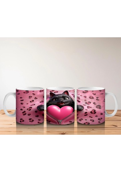 Leopar Desenli Zeminde Kalpli Yastığa Sarılan Siyah Kedi - Baskılı Kahve Kupası indirimleri