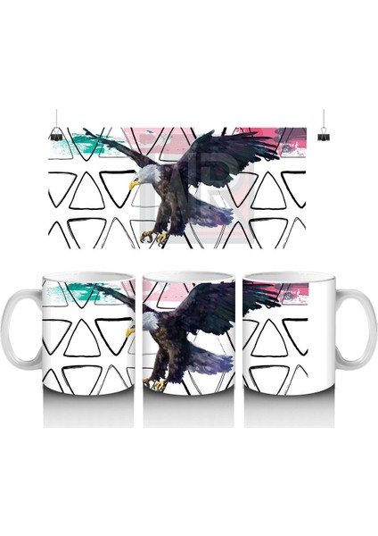 Geometrik Arka Plan Üzerinde Uçan Kartal Illüstrasyonu - Baskılı Kahve Kupası