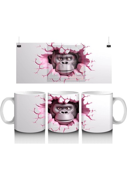 Kırık Duvar Desenli Sevimli Gri Goril - Baskılı Kahve Kupası