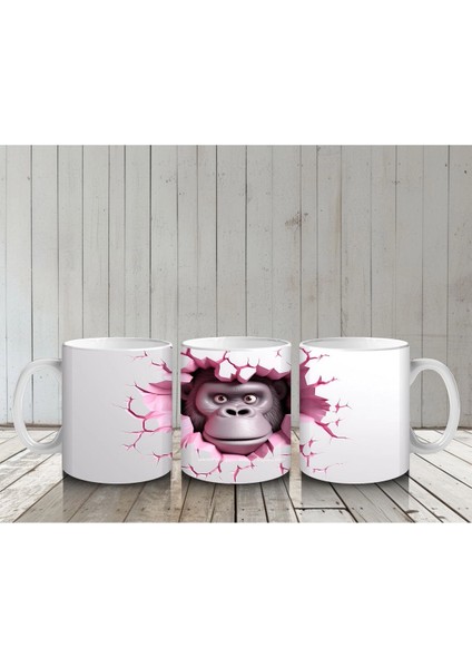 Kırık Duvar Desenli Sevimli Gri Goril - Baskılı Kahve Kupası
