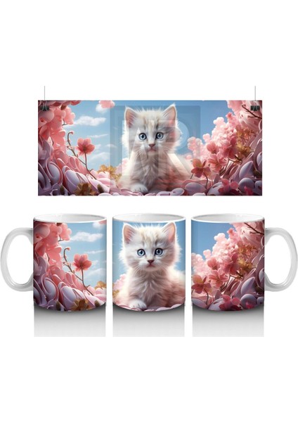Kiraz Çiçekleri Arasında Oturan Mavi Gözlü Kedi – Baskılı Kahve Kupası