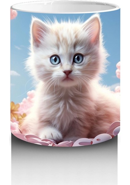 Kiraz Çiçekleri Arasında Oturan Mavi Gözlü Kedi – Baskılı Kahve Kupası modelleri