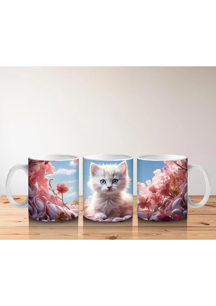 Kiraz Çiçekleri Arasında Oturan Mavi Gözlü Kedi – Baskılı Kahve Kupası indirimleri