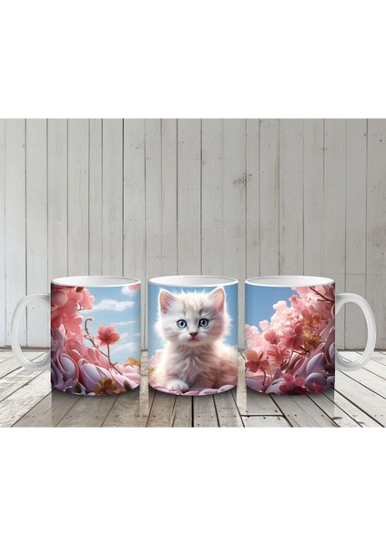 Kiraz Çiçekleri Arasında Oturan Mavi Gözlü Kedi – Baskılı Kahve Kupası