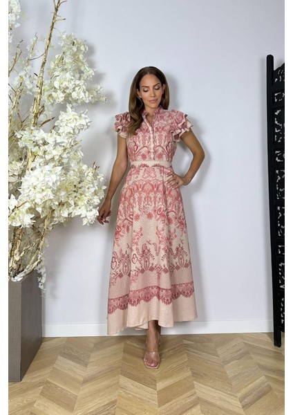 G1491 Kol Detaylı Kuşaklı Keten Elbise Desenli