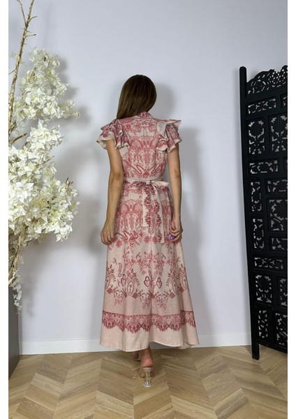 G1491 Kol Detaylı Kuşaklı Keten Elbise Desenli fiyatları