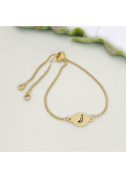 Altın Plakalı 14 Ayar I Harfine Özel Zincirli Oval Motifli Hediye BILEKLIK-399HARF