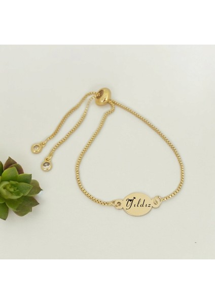 14 Ayar Altın Plakalı Yıldız Ismine Özel Oval Motifli Zincirli Hediye BILEKLIK-399ISIM