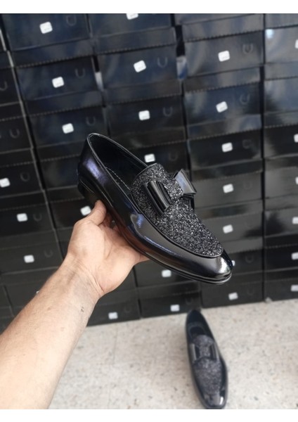 Papyonlu Damatlık Hakiki Deri Iç Dış Deri Erkek Siyah Ayakkabı