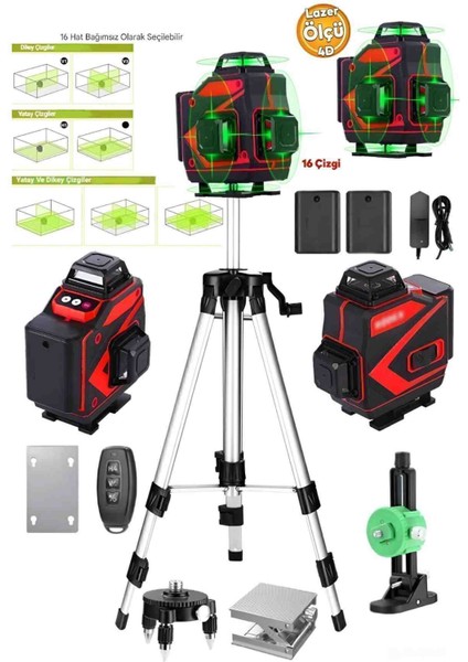 16 Köşe 4d Lazer Metre Terazi 360 Tripodlu Çapraz Çizgi Yeşil Yapı Inşaat Alan Ölçüm Ölçme Aleti