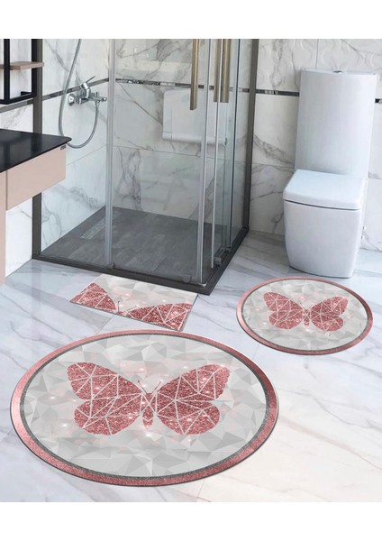 Kelebek - Kaymaz Taban Yuvarlak Banyo Halısı (100X100-60X60-40X60 CM 3'LÜ SET)