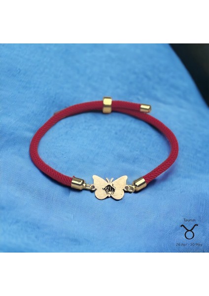 Altın Plakalı 14 Ayar Boğa Burçlarına Kırmızı Örgü Ipli Kelebek Motifli Hediye BILEKLIK-368BURÇ