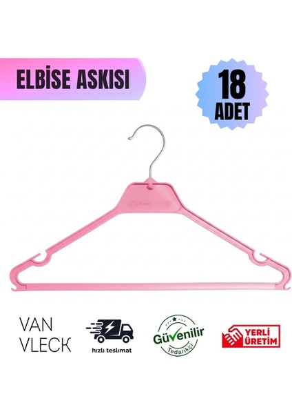 18’li Pembe Renk Hafif Plastik Askı Seti – Elbise, Gömlek, Tişört, Pantolon Askısı