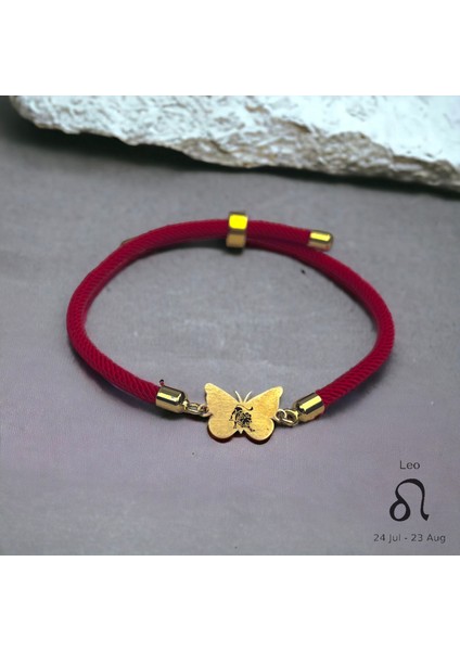 Altın Plakalı 14 Ayar Aslan Burçlarına Kırmızı Örgü Ipli Kelebek Motifli Hediye BILEKLIK-368BURÇ