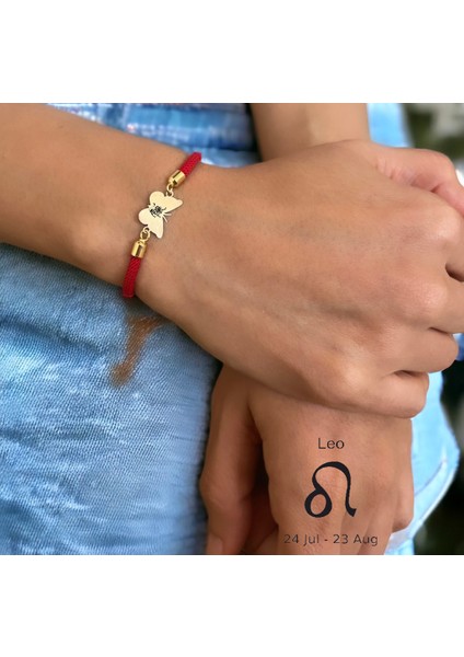 Altın Plakalı 14 Ayar Aslan Burçlarına Kırmızı Örgü Ipli Kelebek Motifli Hediye BILEKLIK-368BURÇ fiyatları