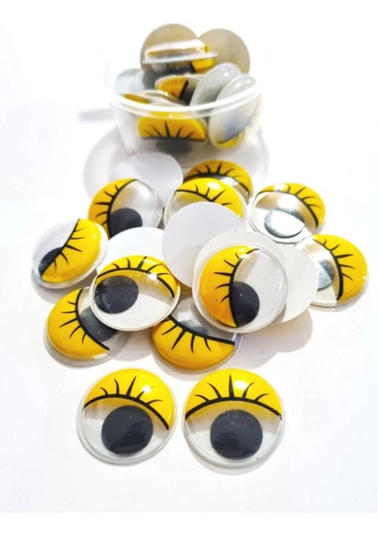 18 Adet Sarı Göz Kapaklı Kirpikli Oynar Göz 24MM