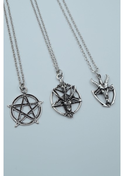 3'lüPentagram Pagan - Keçi Şeytan Erkek Kadın Kolye Seti - Kod:1100