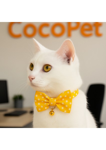 Papyonlu Kedi Boyun Tasması Sarı Puantiyeli Fiyonk Kedi Tasmas