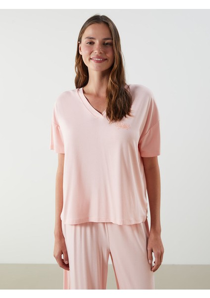 Yeni Sezon V Yaka Cicekli Kadin Kaprili Pijama Takimi - S5H122Z8