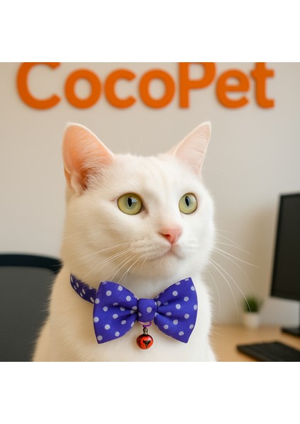 Papyonlu Kedi Boyun Tasması Mavi Puantiyeli Fiyonk Kedi Tasması