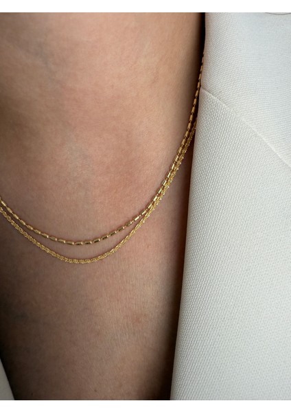 Kadın Gold Renk Çelik Ikili Zincir Kolye – Su Yolu ve Balyaj Model Katmanlı Tasarım, Kararmaz"