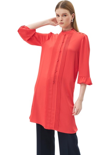 Kırmızı Kaburgalı Balon Kollu Tunik