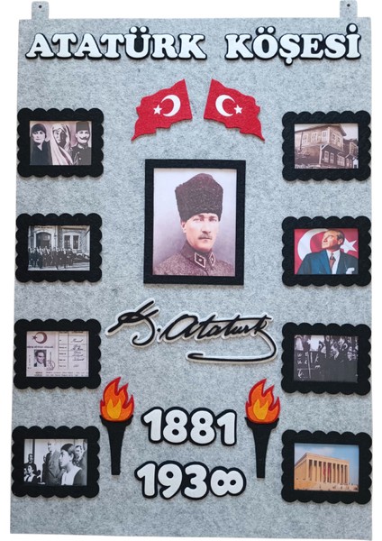 Meşaleli, Imzalı ve Resimli Atatürk Köşesi Panosu Keçe Gri Zeminli