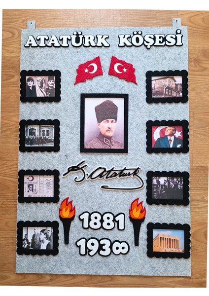 Meşaleli, Imzalı ve Resimli Atatürk Köşesi Panosu Keçe Gri Zeminli fiyatları