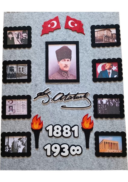 Meşaleli, Imzalı ve Resimli Atatürk Köşesi Panosu Keçe Gri Zeminli fırsatları