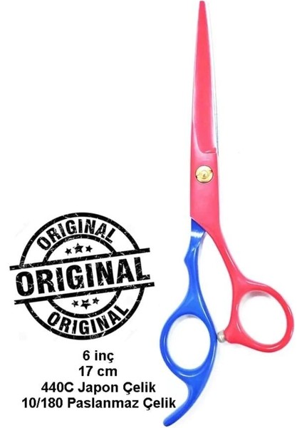 Kuyruklu Kırmızı Mavi Düz Uçlu Saç Kesim Makası 6 Inç XLQ586