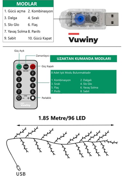 96 LED Söğüt Asma 8 Mod Dekoratif USB LED Lamba