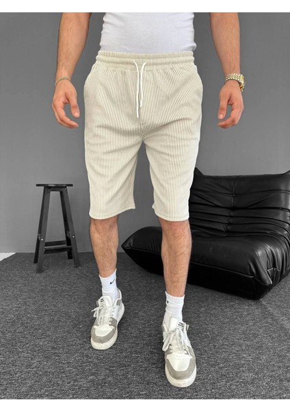 Su Yolu Çizgili Cepli Şort- Bej fiyatları