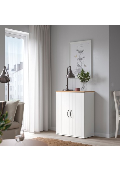 Skruvby Büfe 70 x 90 cm Meşe Üst Panelli Beyaz Dolap Ev Düzenleyici