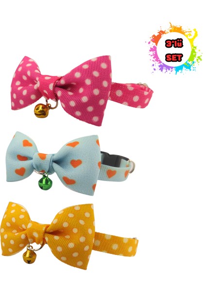 Papyonlu Kedi Boyun Tasmas 3 Lü Set Papyonlu Zilli 17-30 cm Ayarlanabilir Kedi Papyon Fiyonk