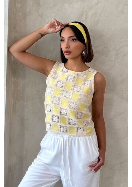 Kolsuz Astarlı Dama Desen Tığ Işi Bluz - Sarı