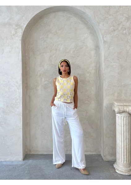 Kolsuz Astarlı Dama Desen Tığ Işi Bluz - Sarı fiyatları