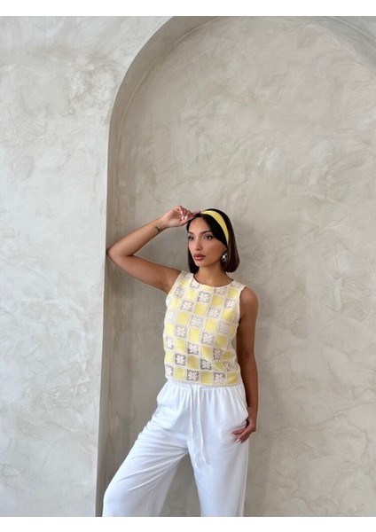 Kolsuz Astarlı Dama Desen Tığ Işi Bluz - Sarı modelleri