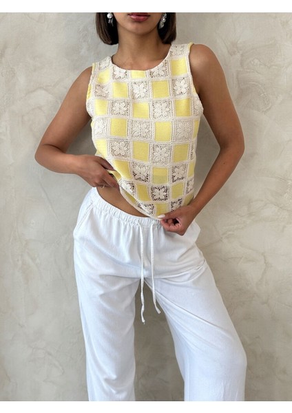 Kolsuz Astarlı Dama Desen Tığ Işi Bluz - Sarı fırsatları