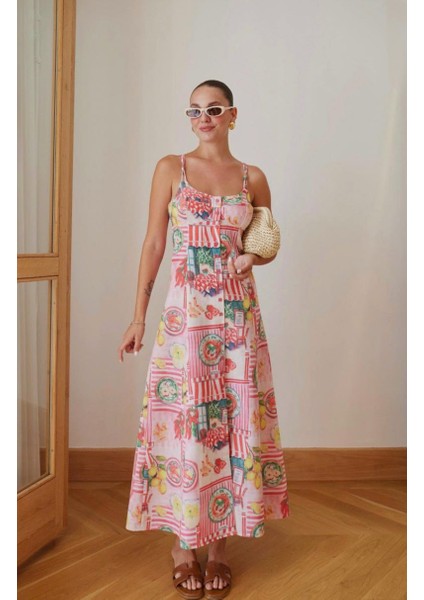 Kadın Pembe Askılı Sırttan Dekolte Detaylı Düğmeli Keten Elbise