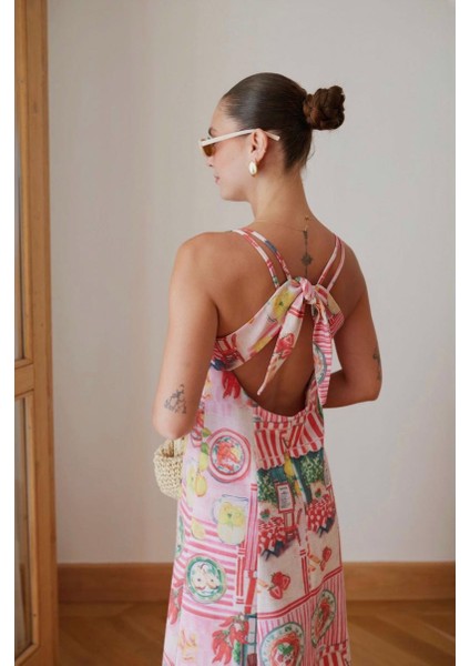 Kadın Pembe Askılı Sırttan Dekolte Detaylı Düğmeli Keten Elbise fiyatları