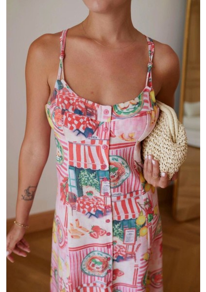 Kadın Pembe Askılı Sırttan Dekolte Detaylı Düğmeli Keten Elbise modelleri