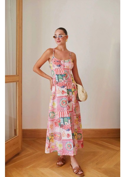 Kadın Pembe Askılı Sırttan Dekolte Detaylı Düğmeli Keten Elbise fırsatları