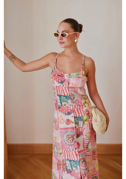 Kadın Pembe Askılı Sırttan Dekolte Detaylı Düğmeli Keten Elbise fırsatları