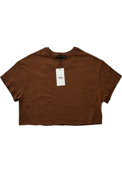 Fiora Kahverengi Crop Basic Tshirt