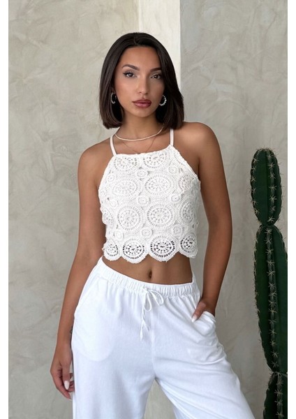 Astarlı Crop Güpür Askılı Örgü Büstiyer - Ham