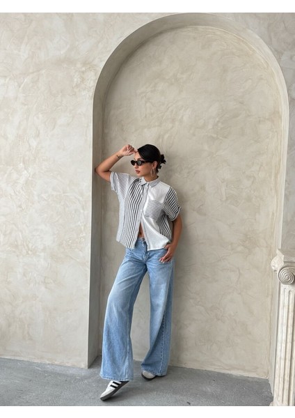 Mavi Parçalı Çizgili Gömlek 100 Keten fiyatları