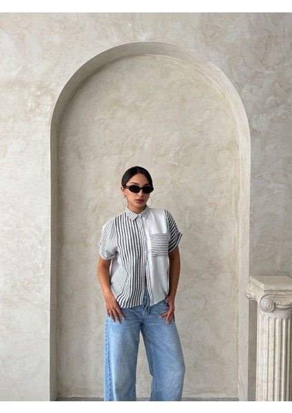 Mavi Parçalı Çizgili Gömlek 100 Keten modelleri