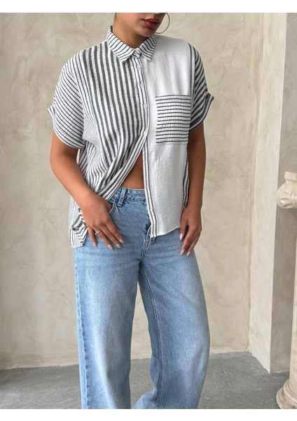 Mavi Parçalı Çizgili Gömlek 100 Keten fırsatları